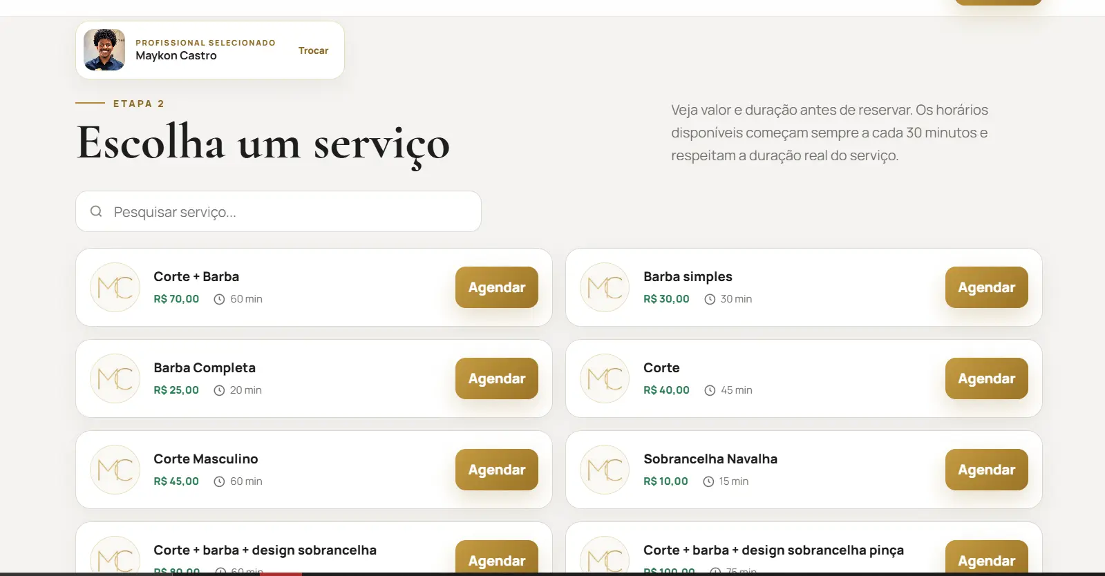 Catálogo de serviços com preços e duração
