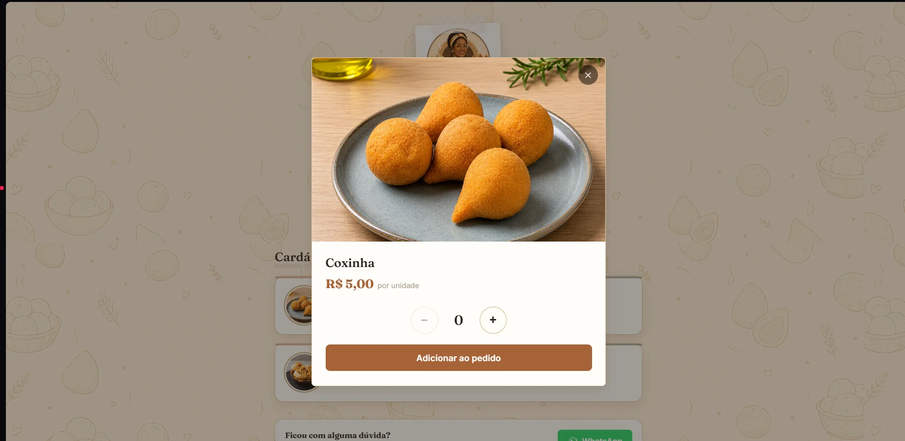 Detalhes da coxinha na loja