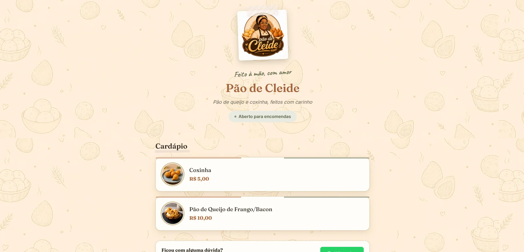 Página inicial real da loja Pão de Cleide
